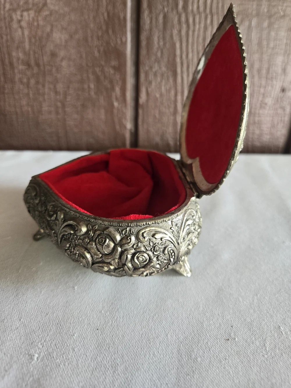 Ornate Heart-Shaped Trinket Box - Cherub and Roses with Red Lining